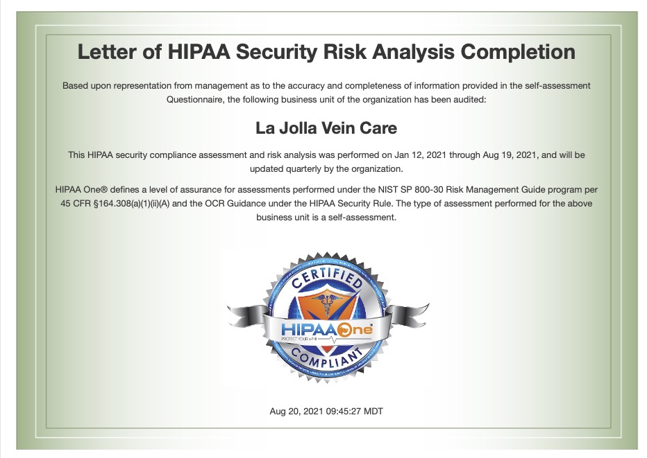 La Jolla Vein Care has been certified as HIPPA Compliant | Vein & Vascular Treatment | Vein Care Clinic in La Jolla, CA