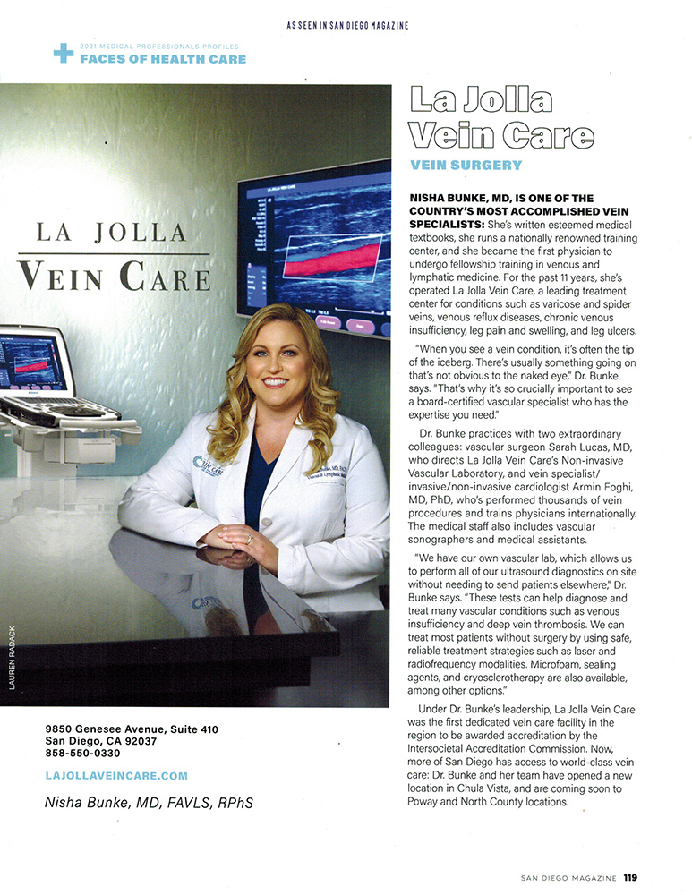 San Diego Magazine profile of Dr. Nisha Bunke and La Jolla Vein Care, November 2021 issue